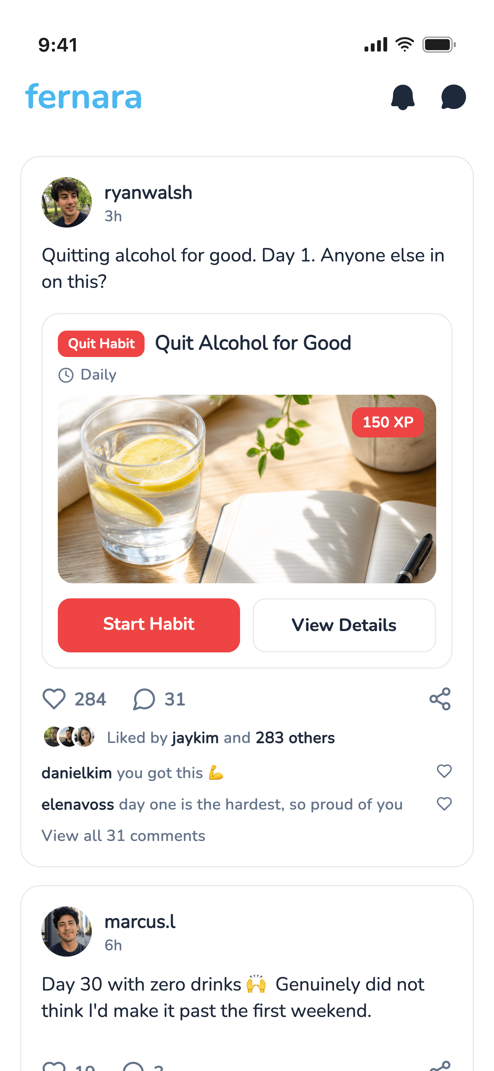 Social feed showing a quit-alcohol habit